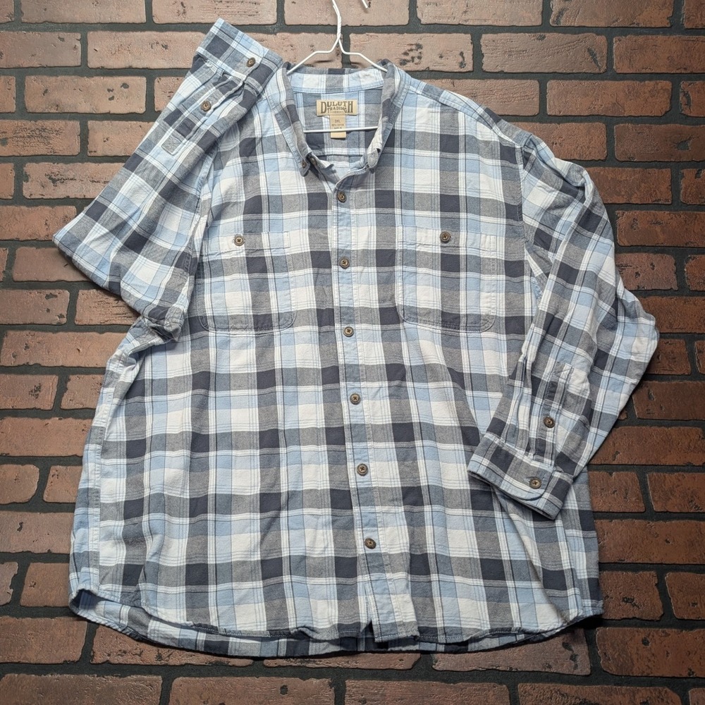 Duluth Trading Co Men 3XL Blue Gray Plaid‎ Cotton Flannel Button Down Shirt